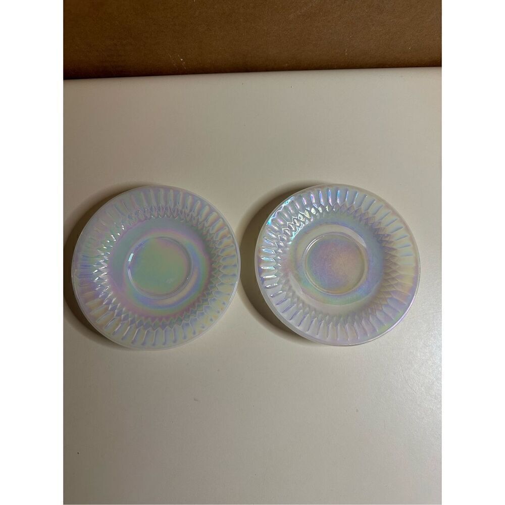 Federal Glass Luster Iridescent Opalescent Diamond Moonglow Saucer Set 5.5”